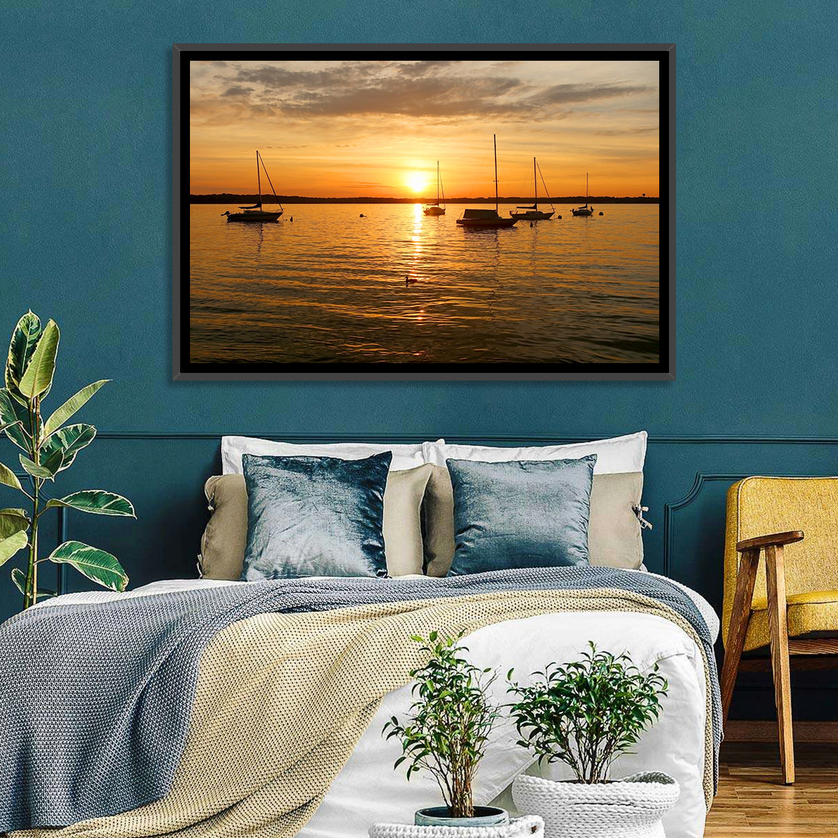 Lake Mendota Golden Sailboats Wall Art in a room, landscape
