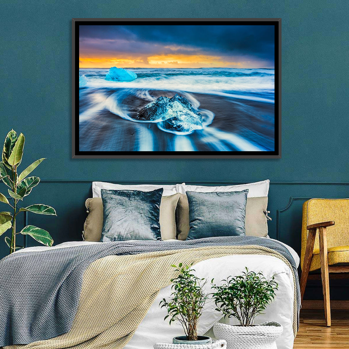 Diamond Beach Ice at Dusk Wall Art in a room, landscape