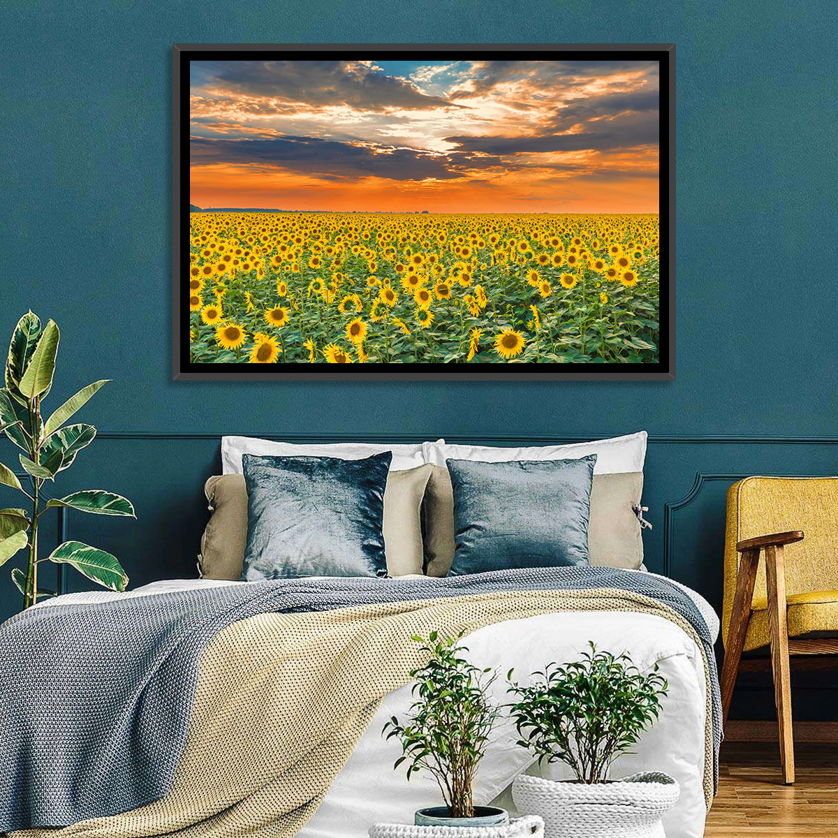 Golden Hour Sunflower Field Wall Art in a room, landscape
