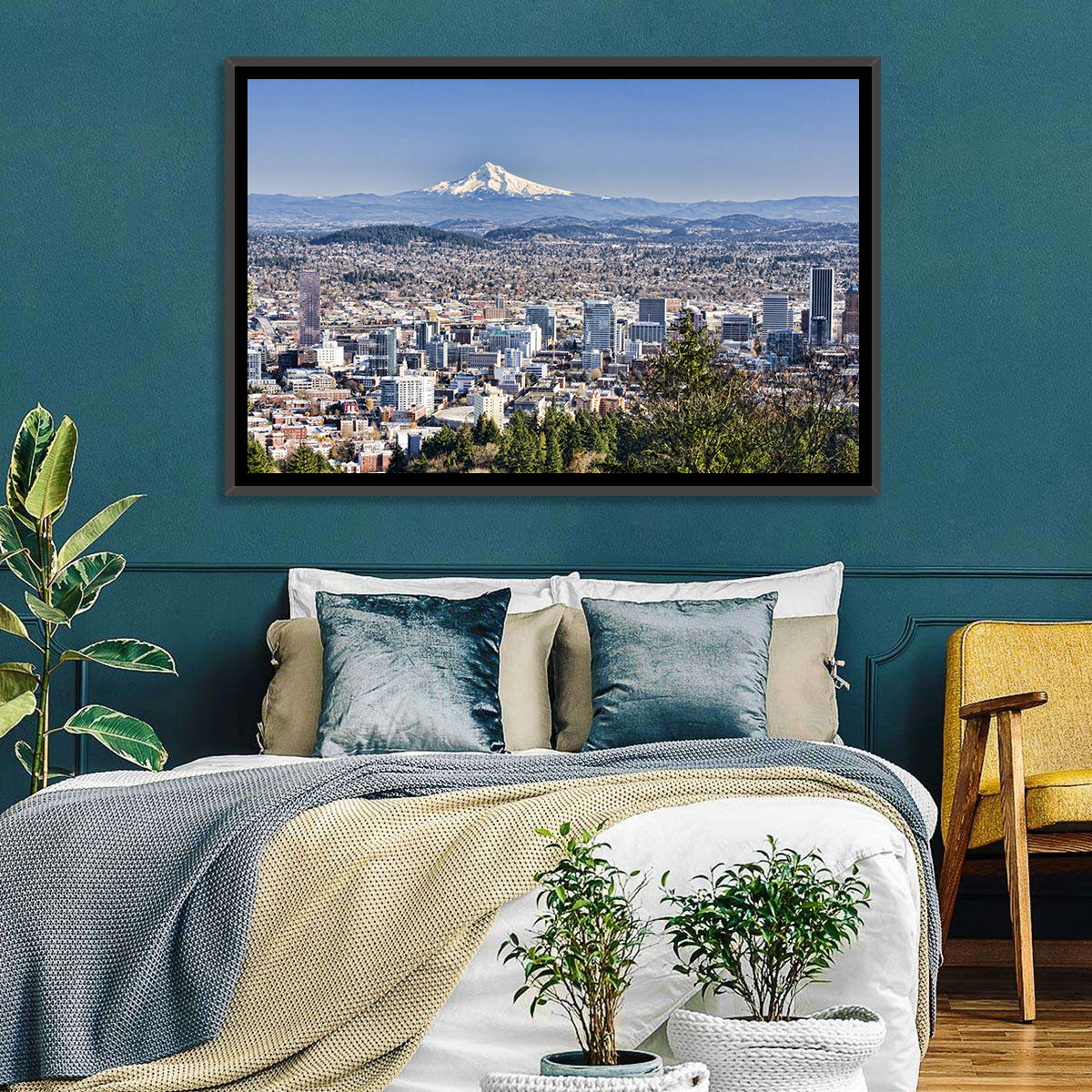 Portland Skyline with Mount Hood Wall Art in a room, landscape