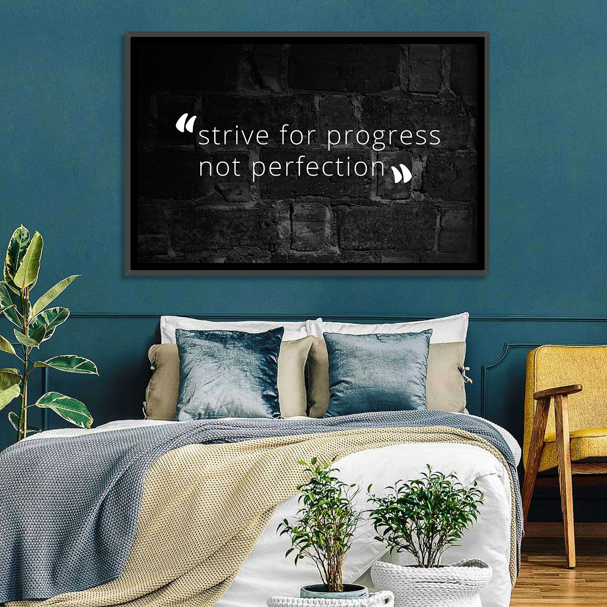 Strive for Progress Brick Typography Wall Art in a room, landscape