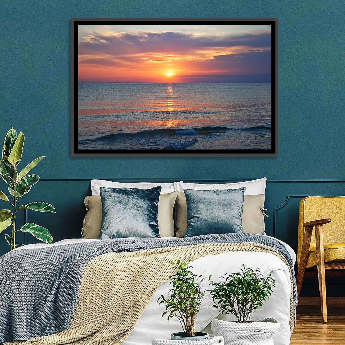 Lake Michigan Sunset Reflection Wall Art in a room, landscape