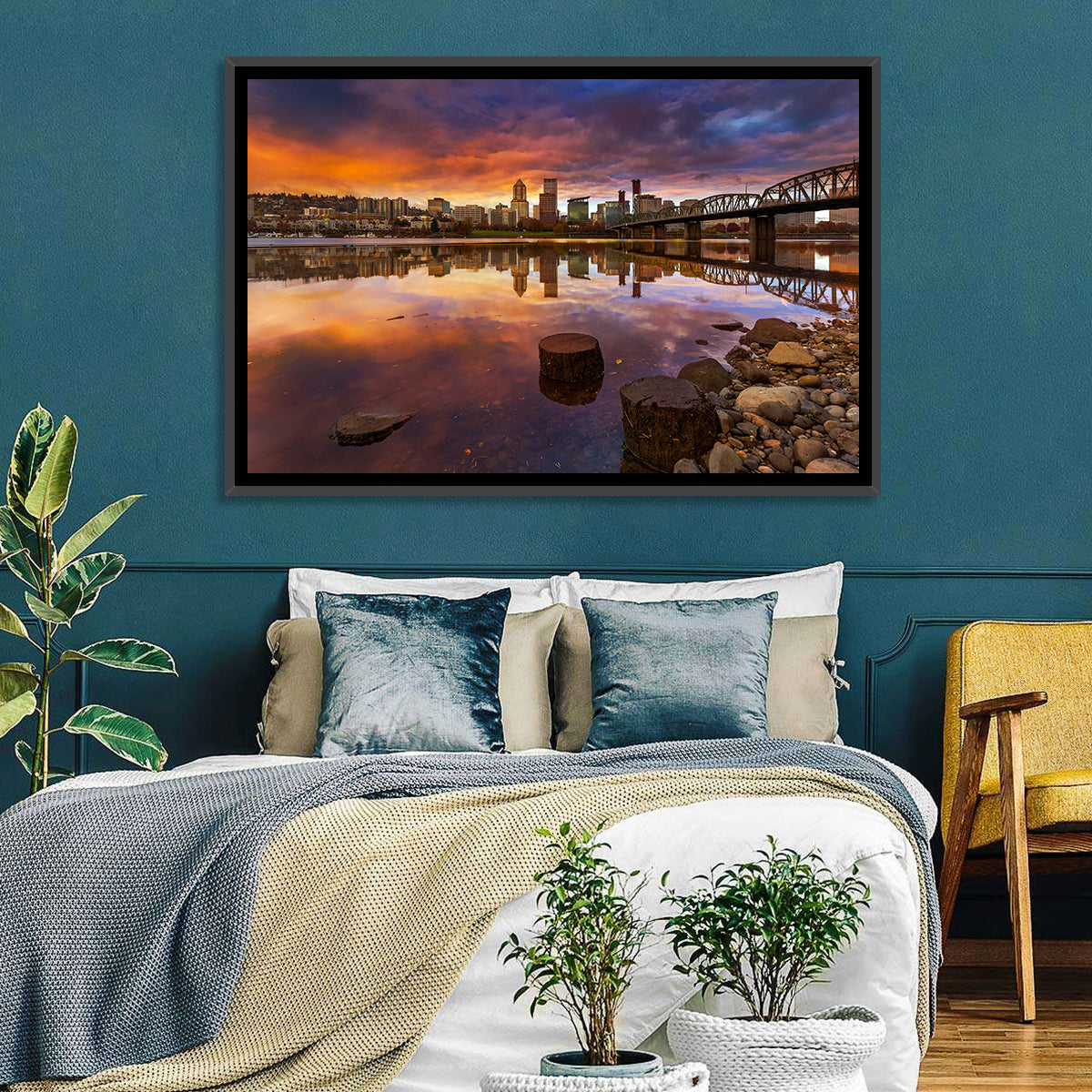 Portland Skyline at Sunset Wall Art in a room, landscape
