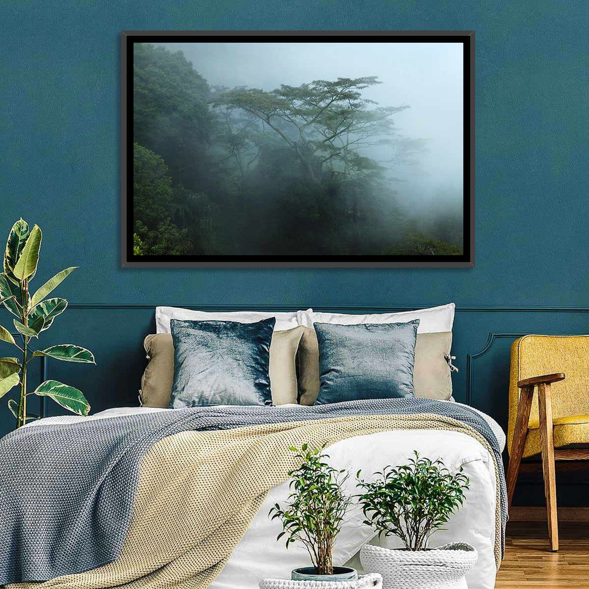 Misty Rainforest Canopy Wall Art in a room, landscape