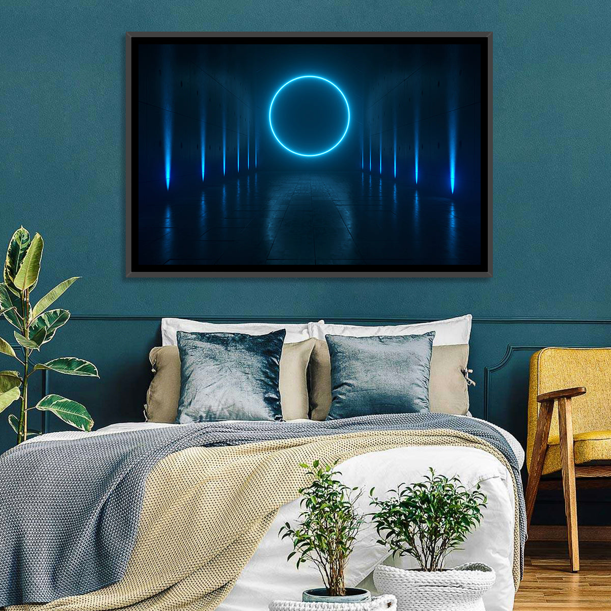 Glowing Neon Corridor Wall Art in a room, landscape