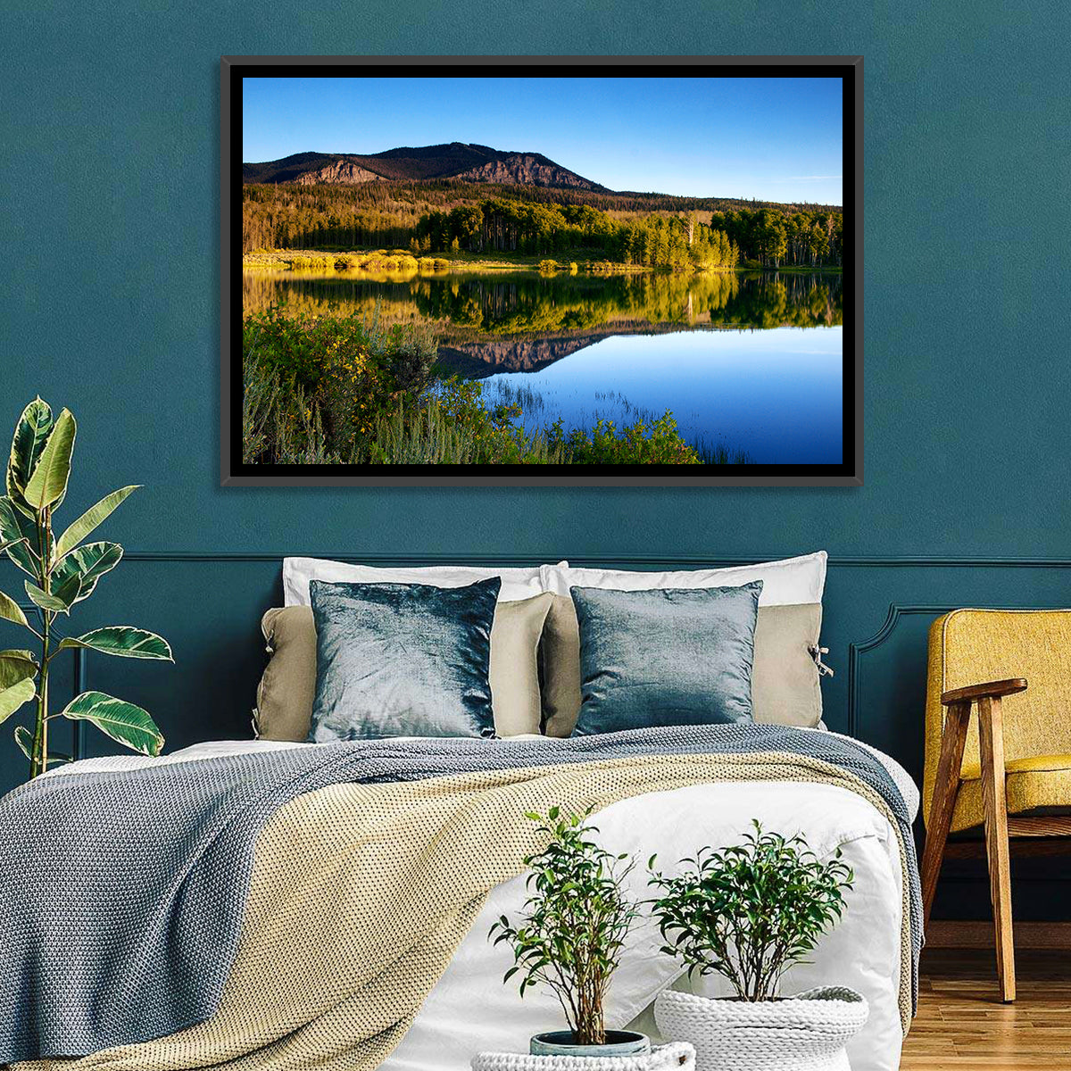 Golden Hour Mountain Lake Wall Art in a room, landscape