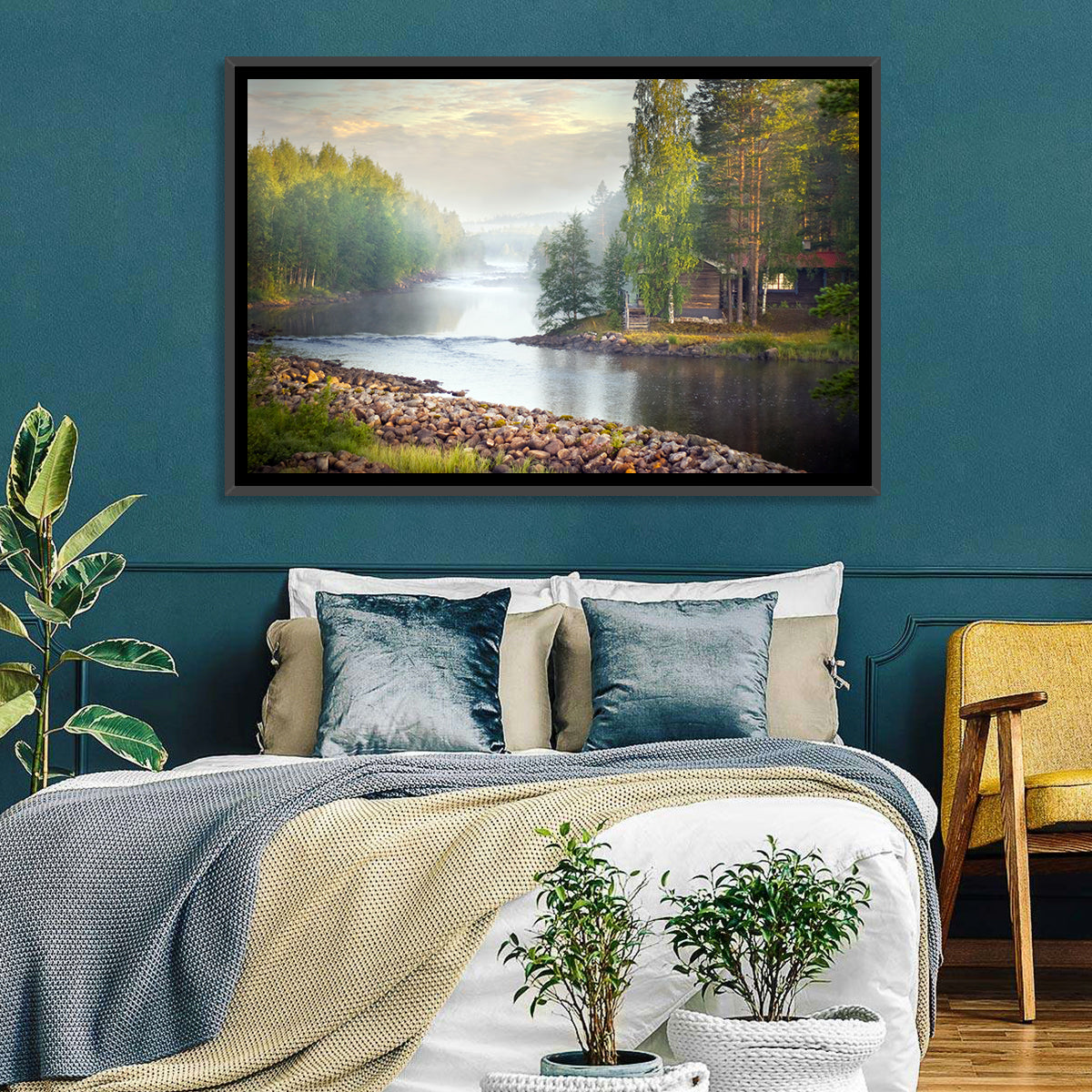 Misty River with Red Roof Cabin Wall Art in a room, landscape