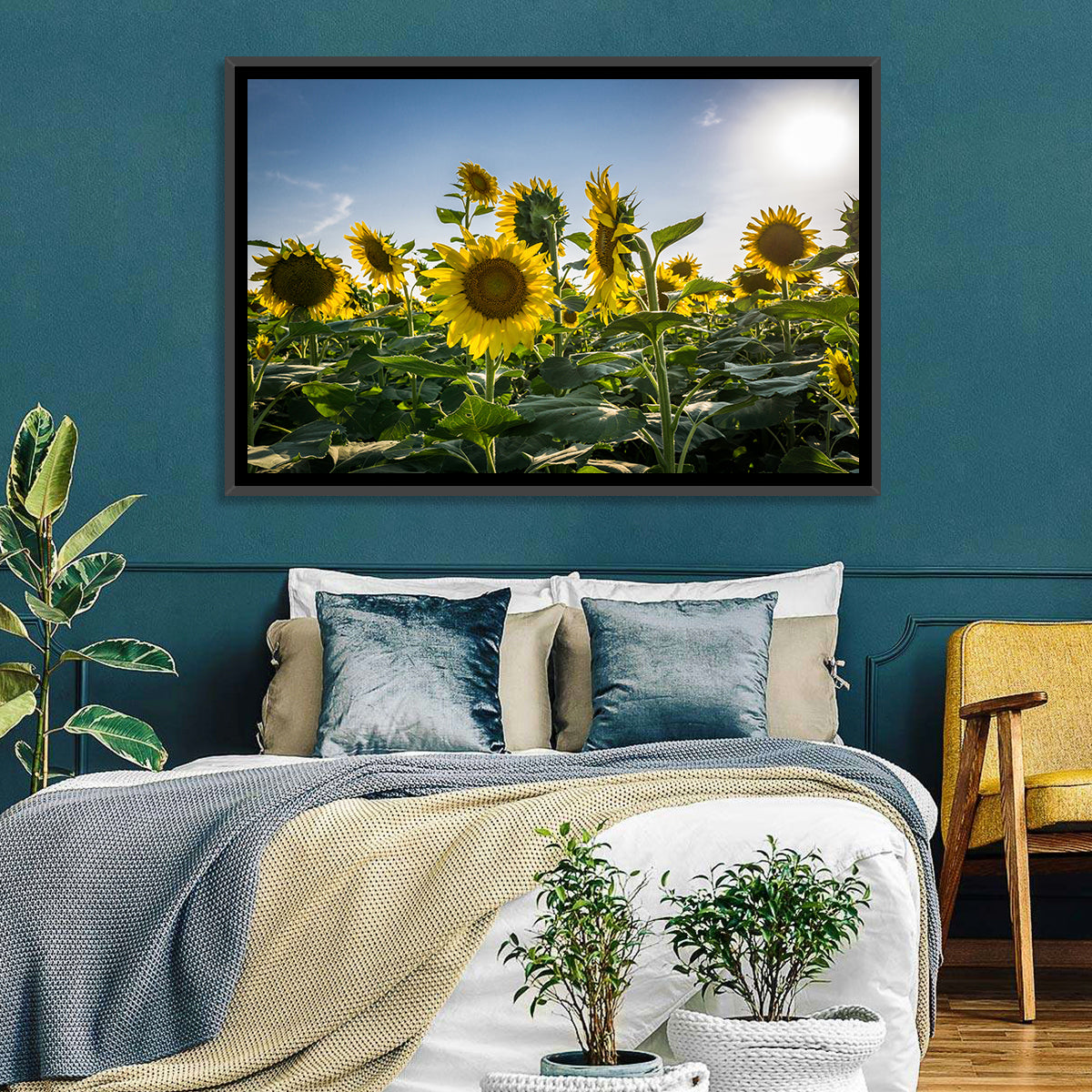 Backlit Sunflower Field Wall Art in a room, landscape