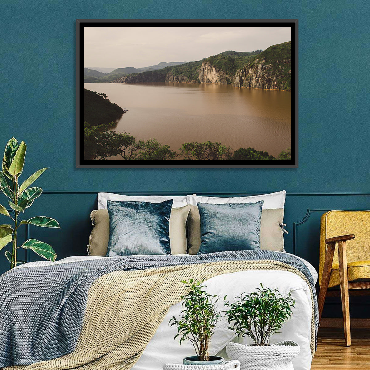 Lake Nyos Cliff View Wall Art in a room, landscape