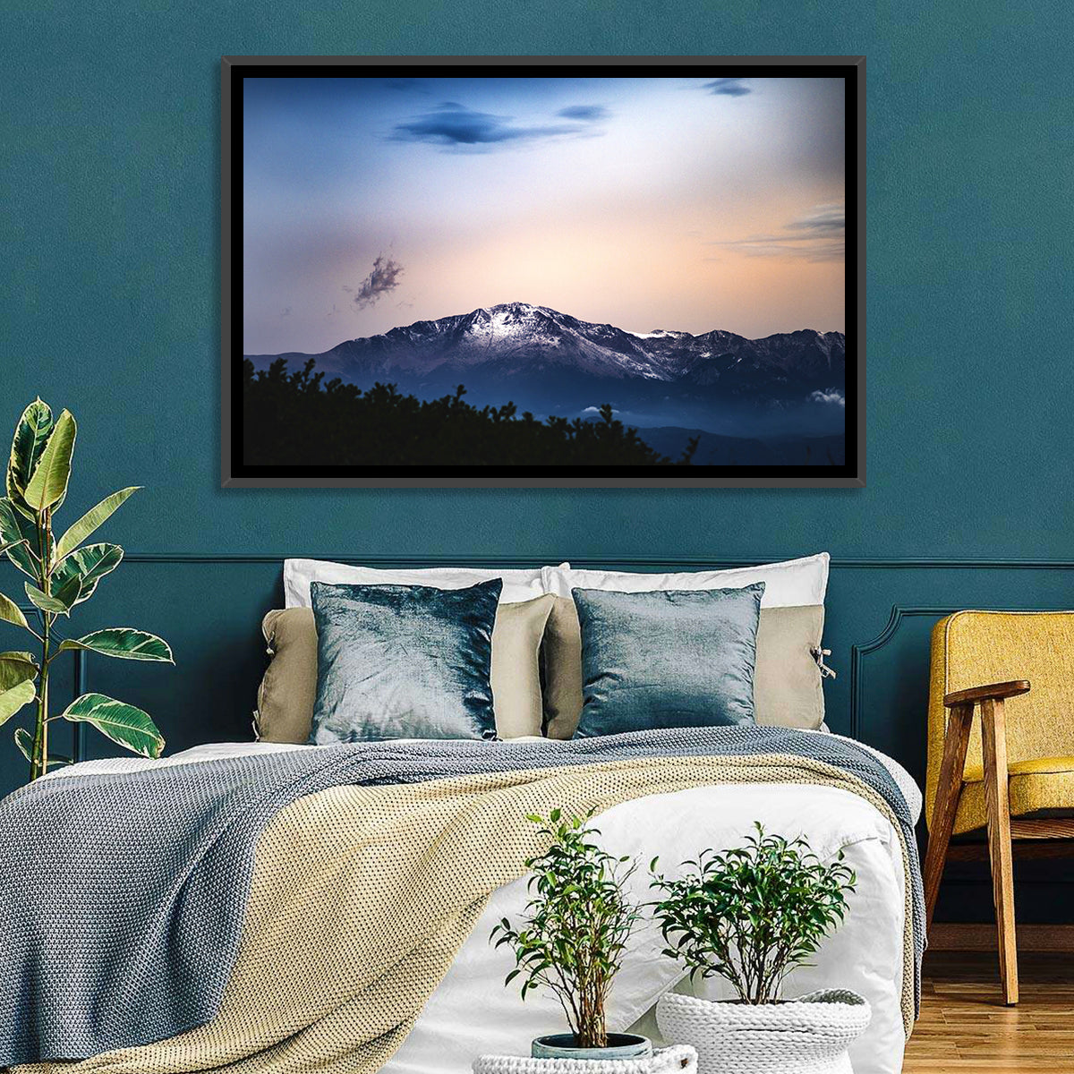 Snow-capped Pikes Peak at Dusk Wall Art in a room, landscape