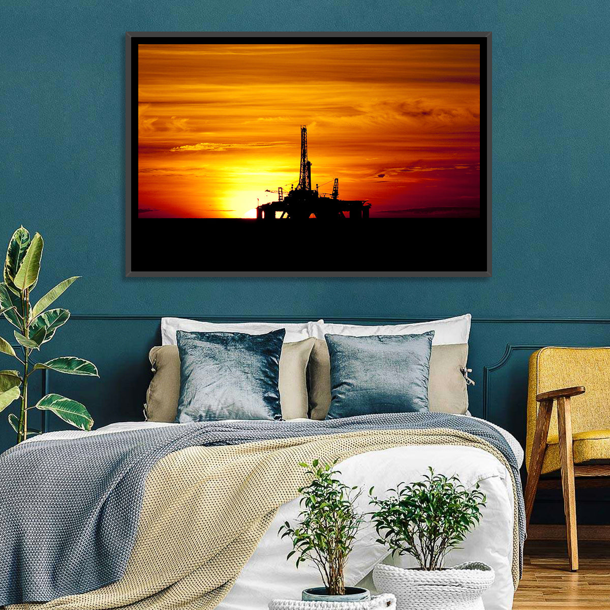 Offshore Oil Rig at Sunset Wall Art in a room, landscape