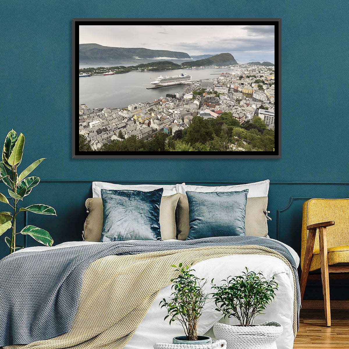 Alesund Harbor Cityscape Wall Art in a room, landscape