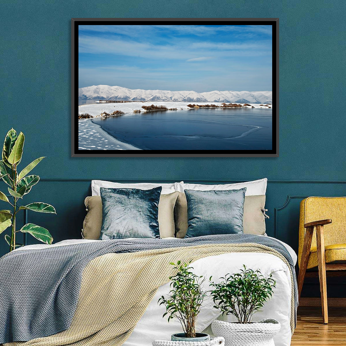 Lake Sevan Winter Landscape Wall Art in a room, landscape