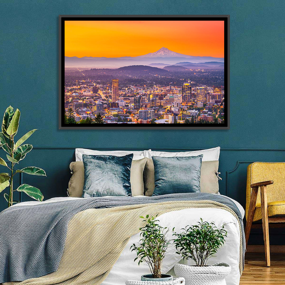 Mount Hood Over Portland Skyline Wall Art in a room, landscape
