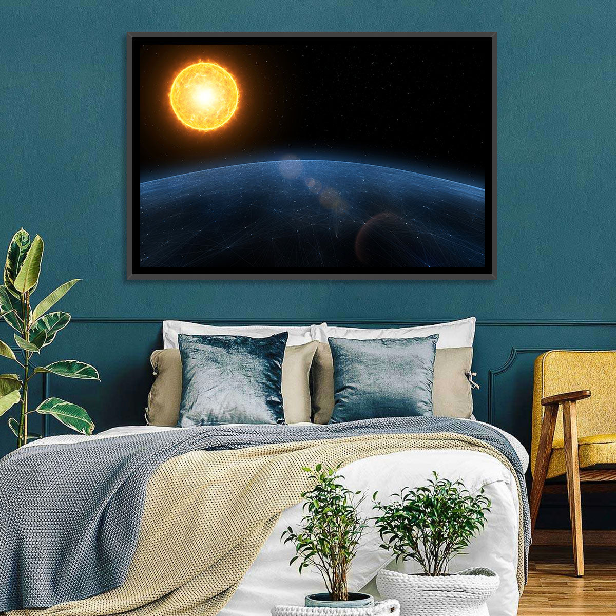 Alien Planet and Sun Wall Art in a room, landscape