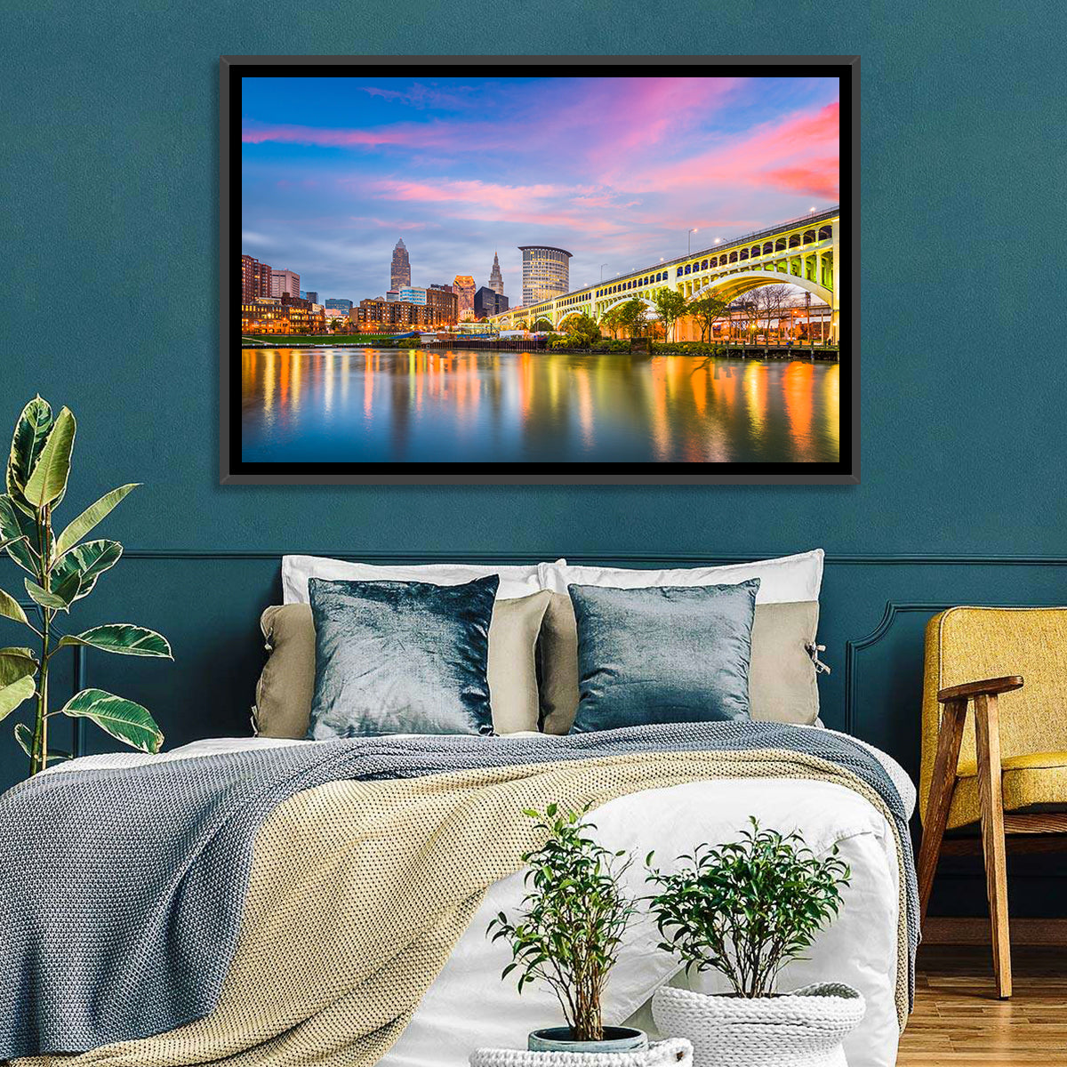 Cleveland Skyline at Dusk Wall Art in a room, landscape