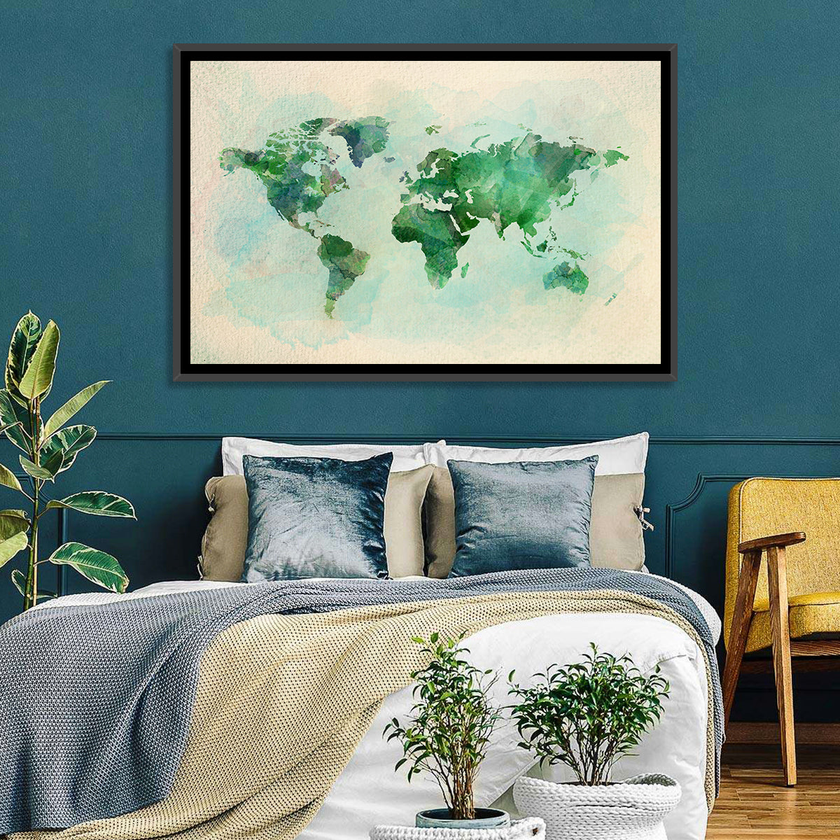 Green Watercolor World Map Wall Art