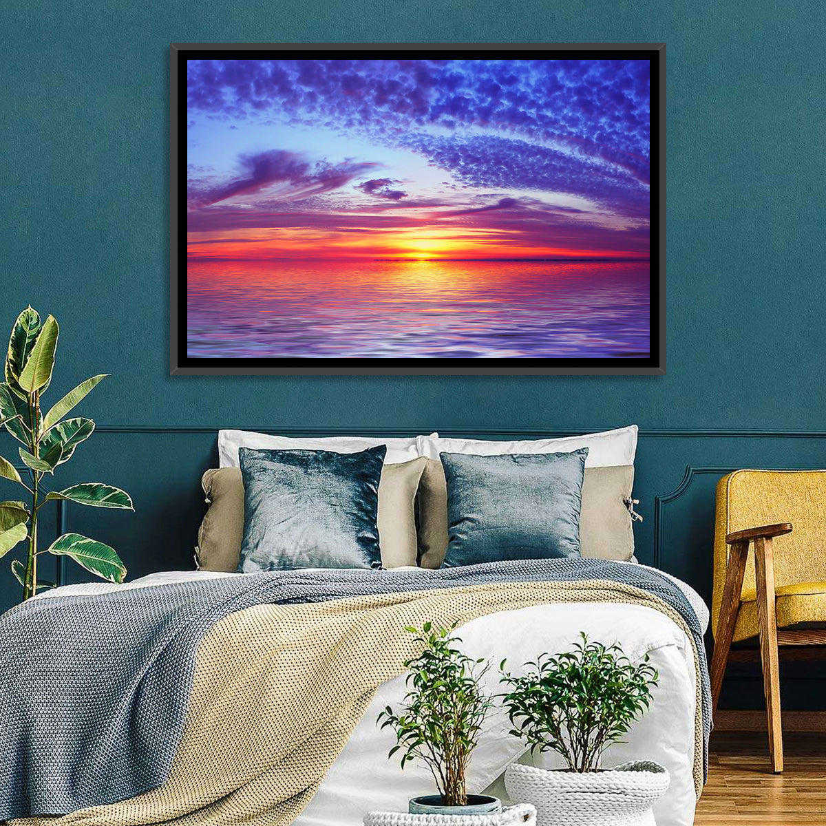 Bay Beach Sunset Wall Art in a room, landscape