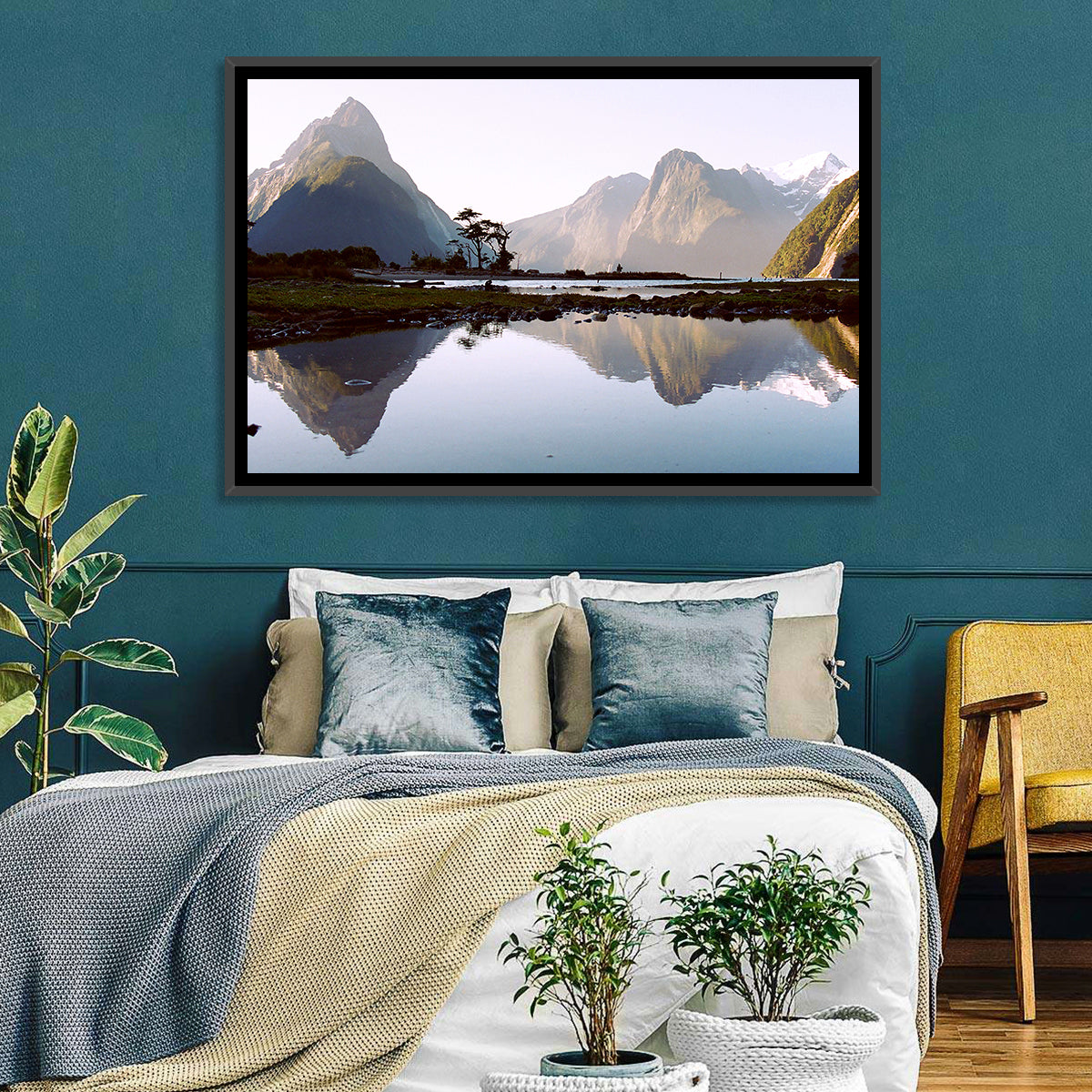 Mitre Peak Reflection at Milford Sound Wall Art in a room, landscape