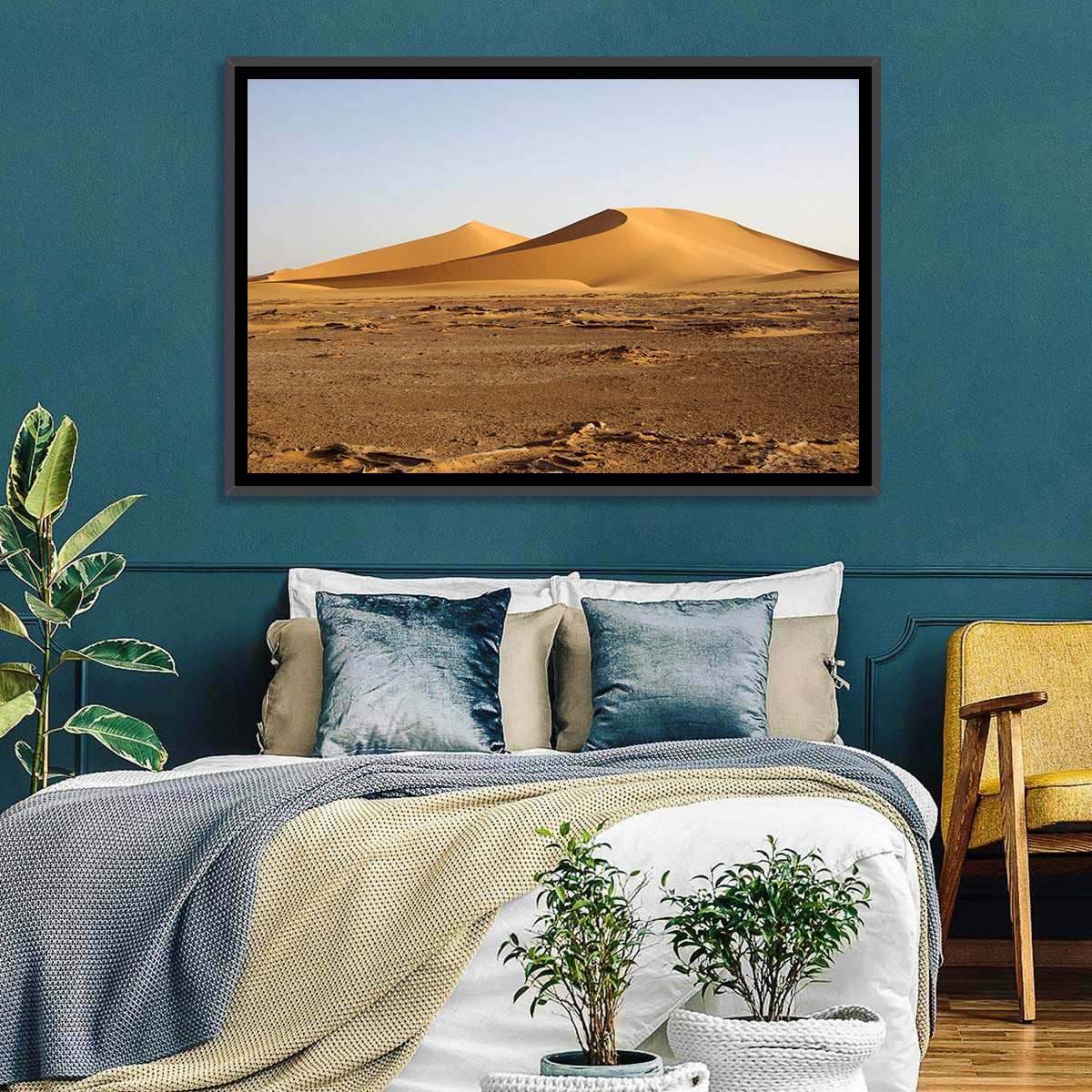 Golden Hour Desert Dunes Wall Art in a room, landscape