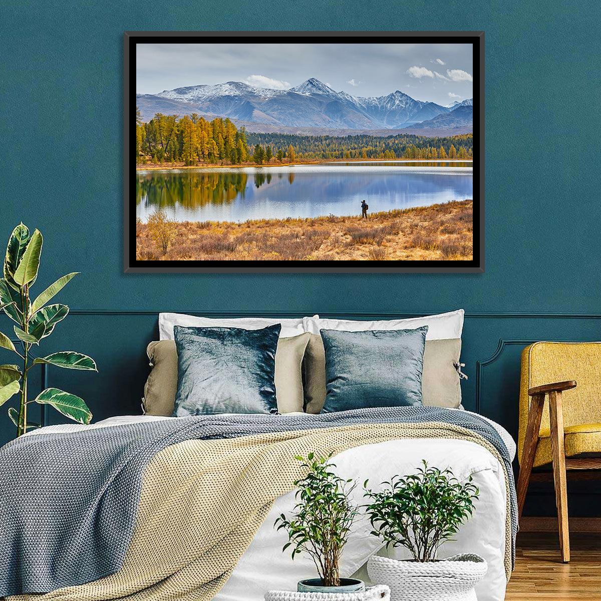 Autumn Mountain Lake Reflection Wall Art in a room, landscape