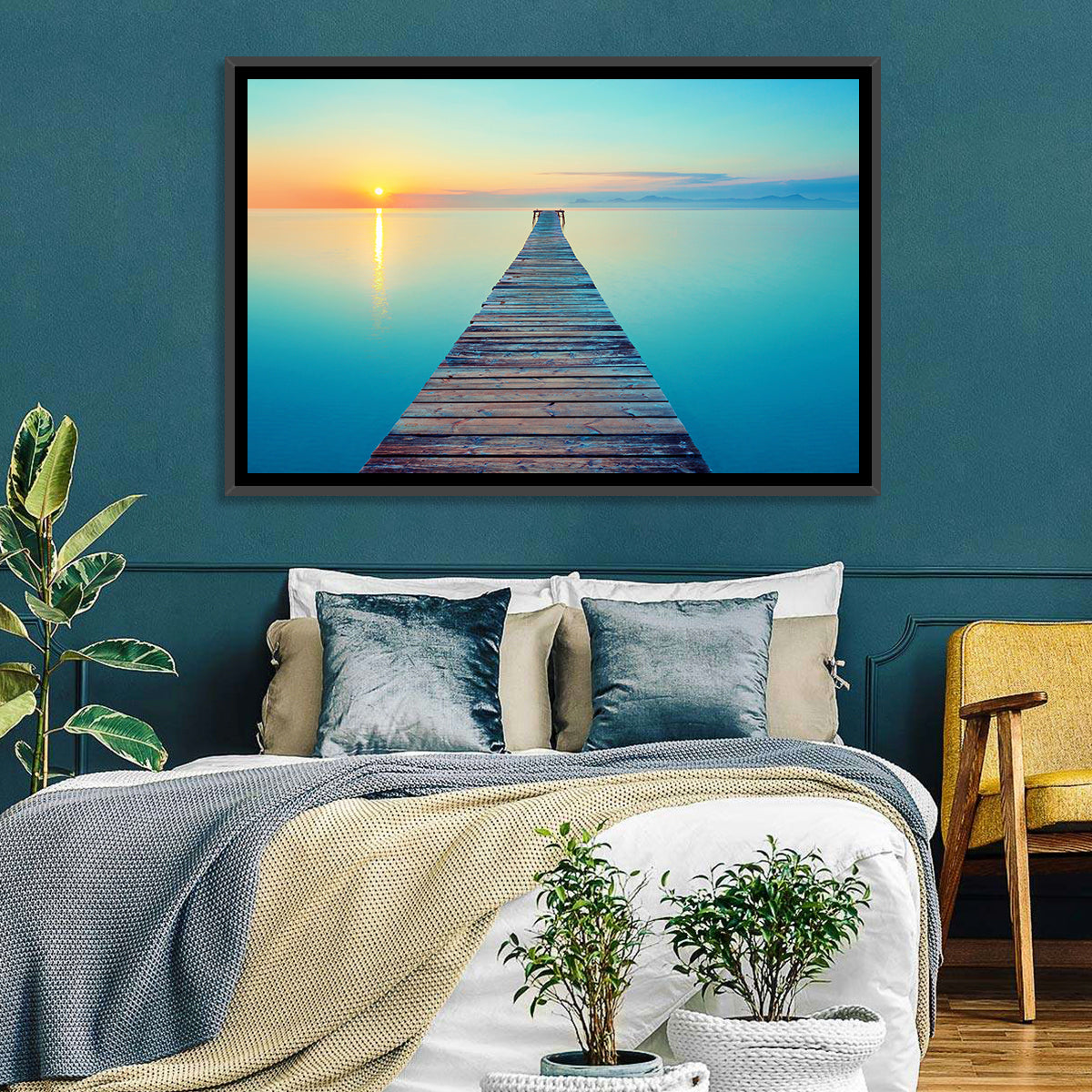 Wooden Footbridge at Sunset Wall Art in a room, landscape