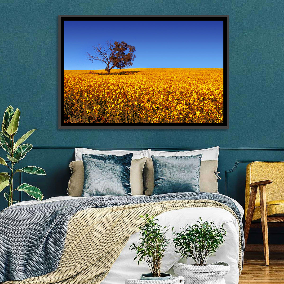 Canola Field with Lone Tree Wall Art in a room, landscape