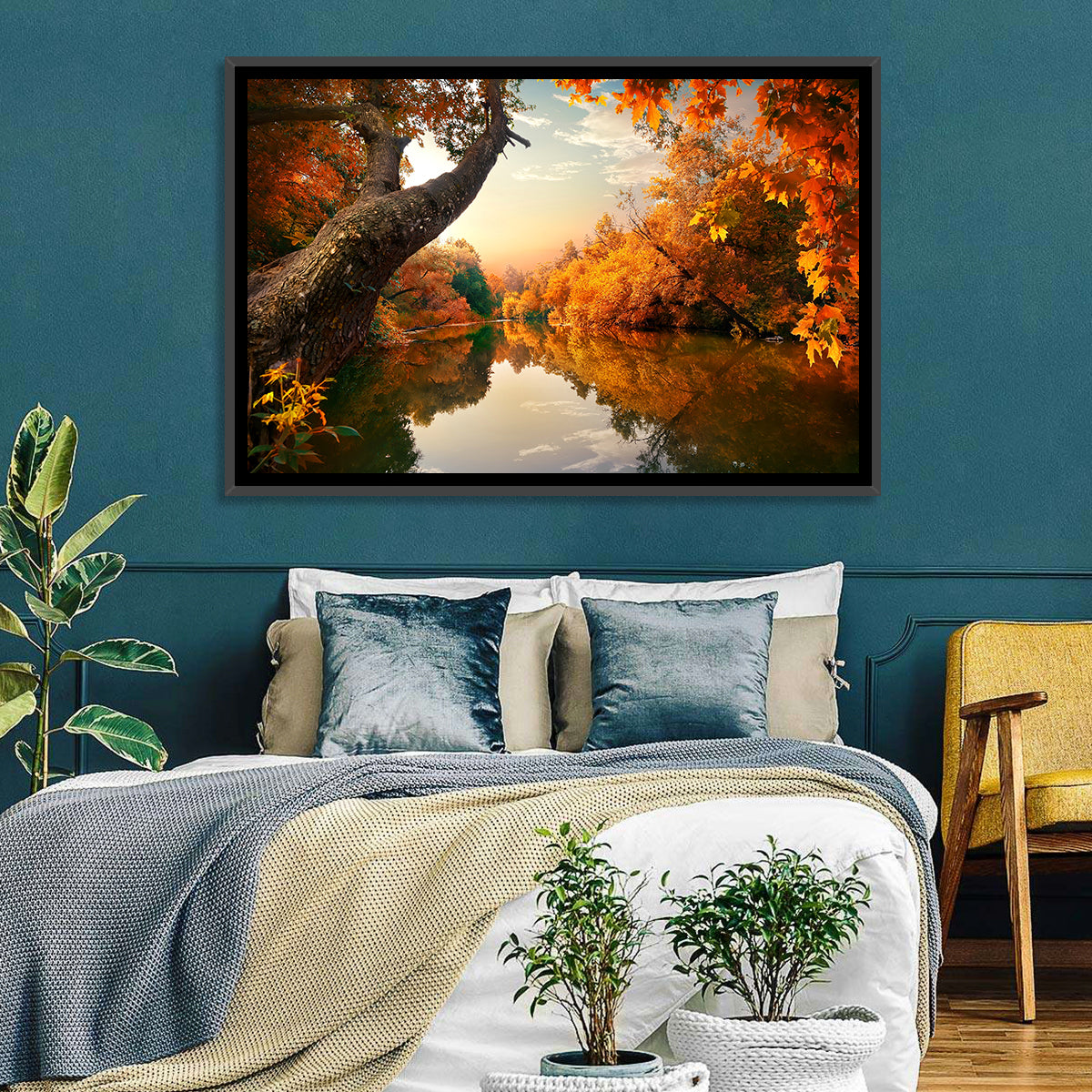 Golden Autumn River Reflections Wall Art in a room, landscape