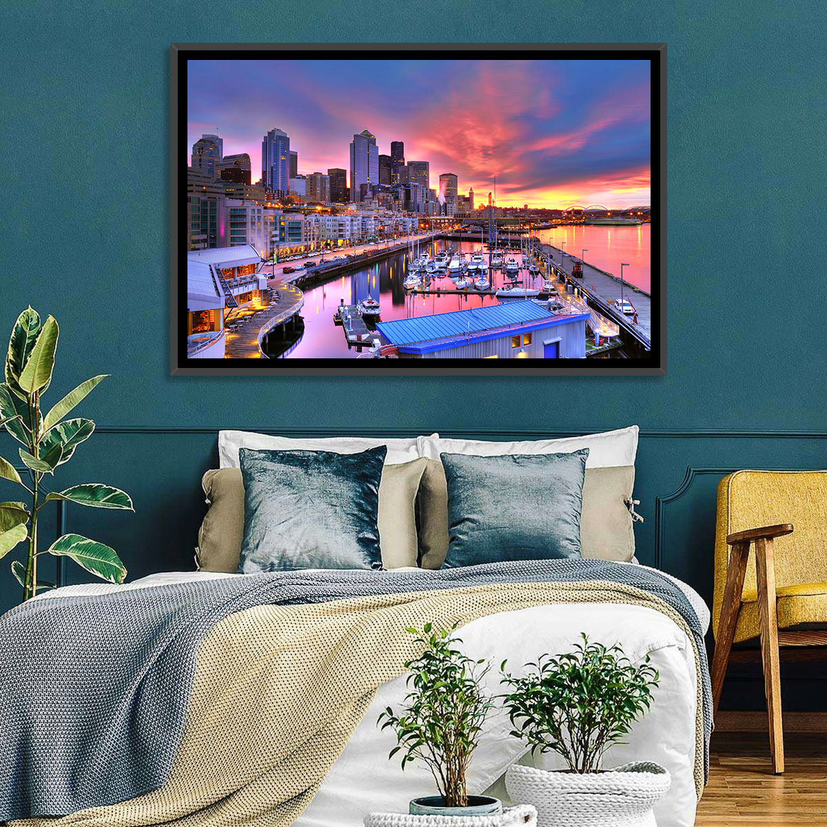 Seattle Skyline at Sunset Wall Art in a room, landscape