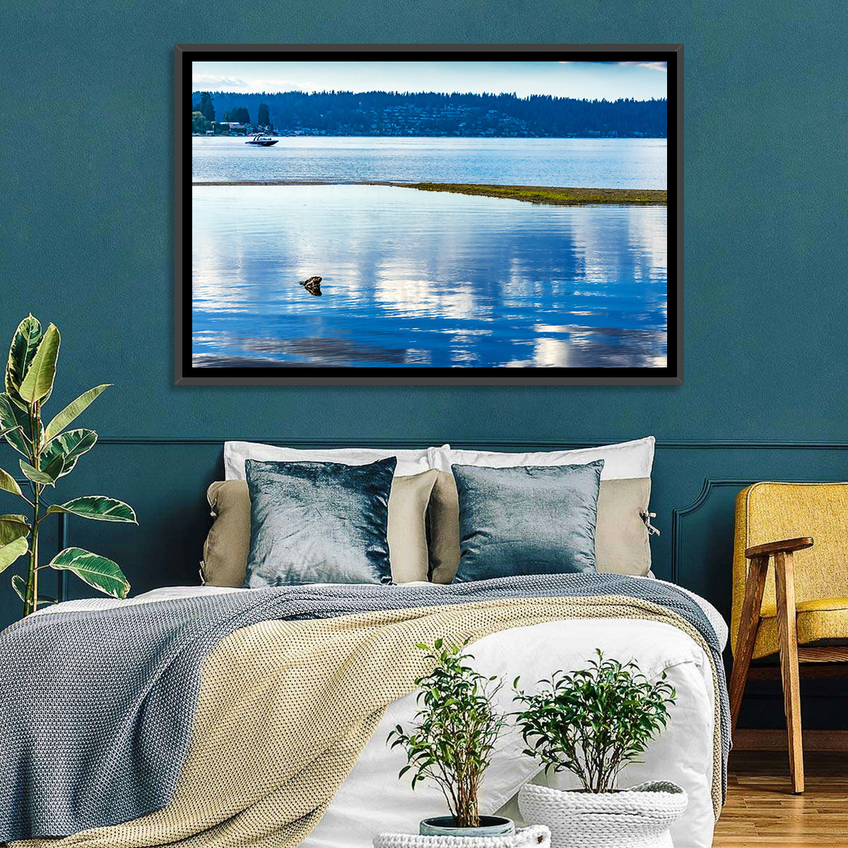 Lake Sammamish Reflection Wall Art in a room, landscape
