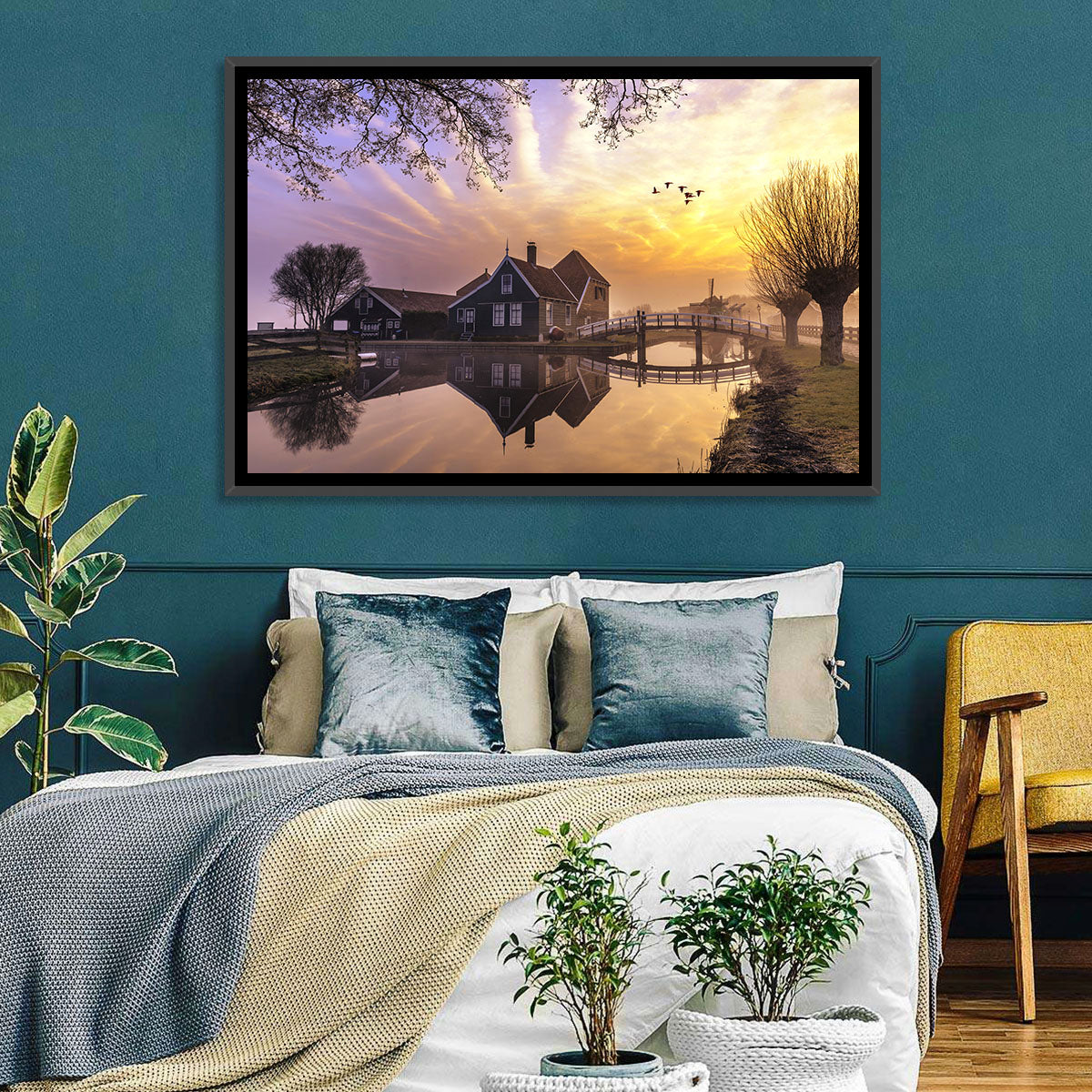 Dutch Canal House at Sunset Wall Art in a room, landscape