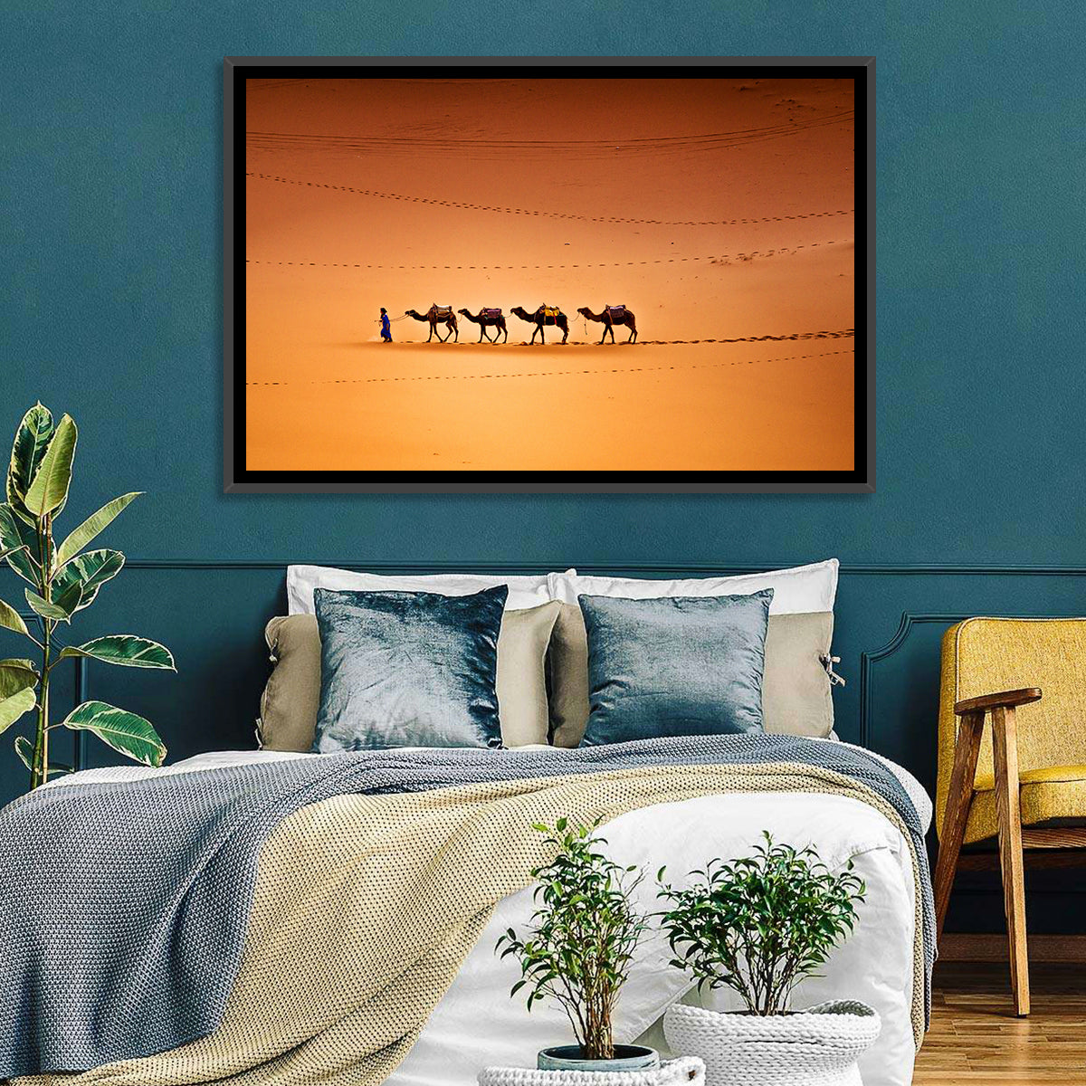 Sahara Camel Caravan Wall Art in a room, landscape