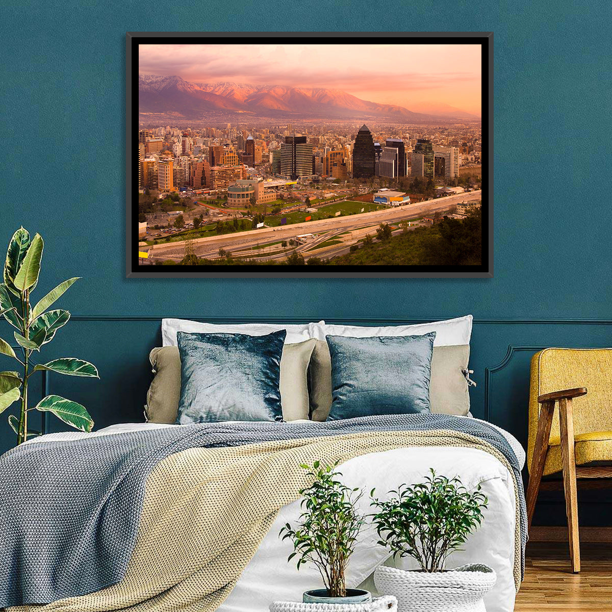 Santiago Skyline at Sunset Wall Art in a room, landscape