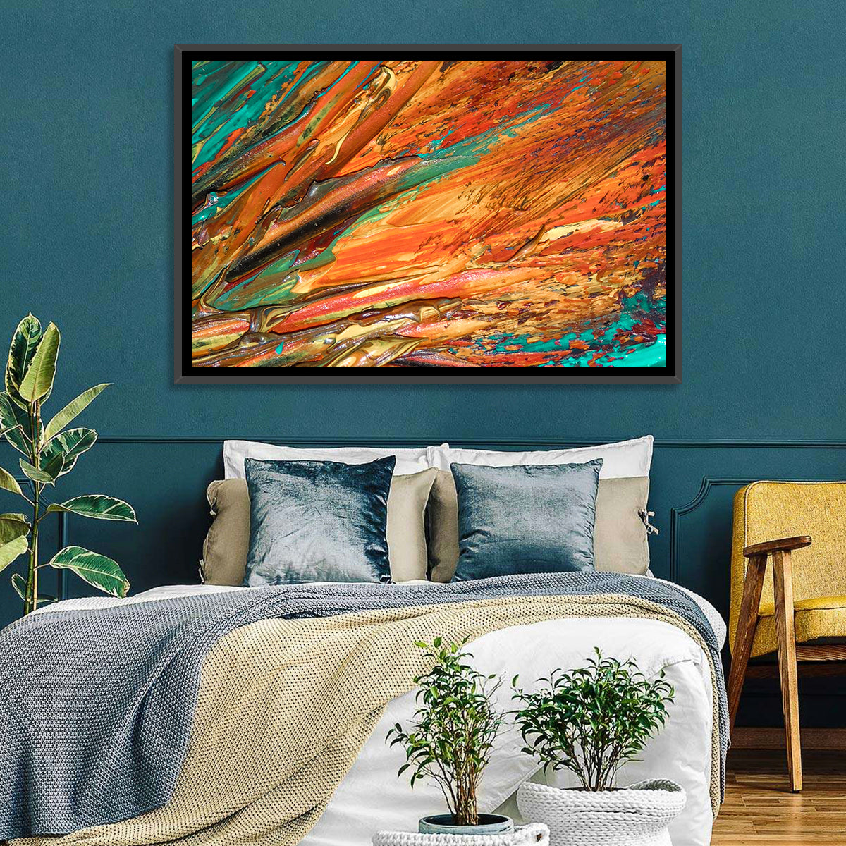 Flowing River Abstract in Orange and Teal Wall Art in a room, landscape