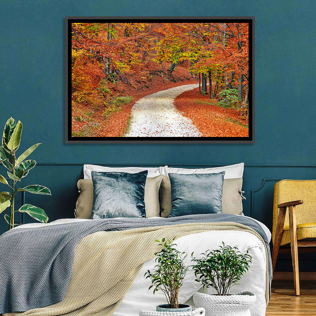 Misty Gravel Path Through Autumn Trees Wall Art in a room, landscape