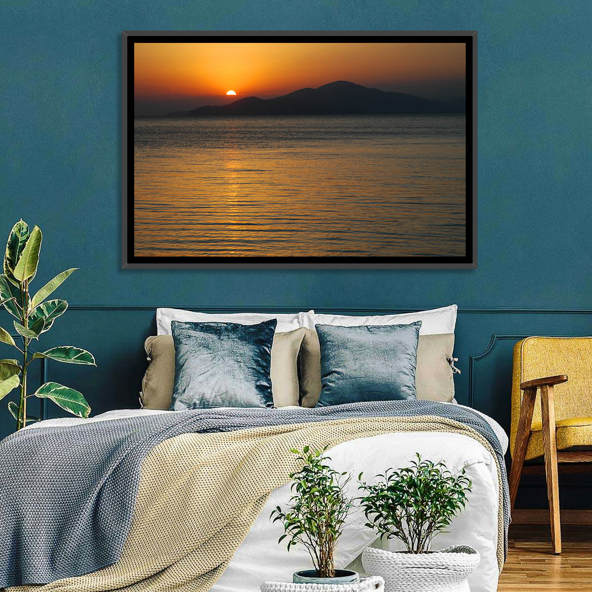 Lake Sevan Sunset Reflection Wall Art in a room, landscape