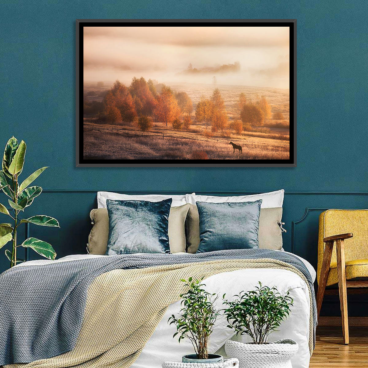 Autumn Morning Horse Silhouette Wall Art in a room, landscape