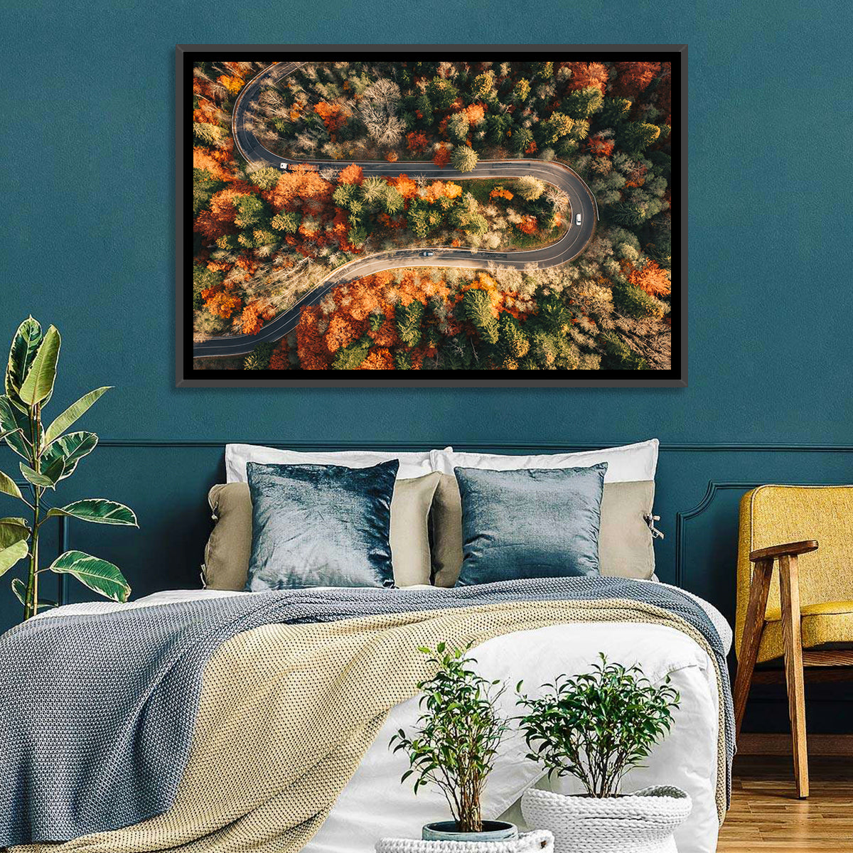Aerial Winding Autumn Forest Road Wall Art in a room, landscape