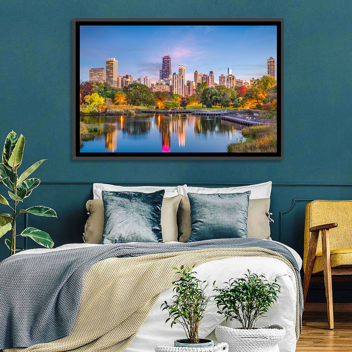 Chicago Skyline at Twilight Wall Art in a room, landscape