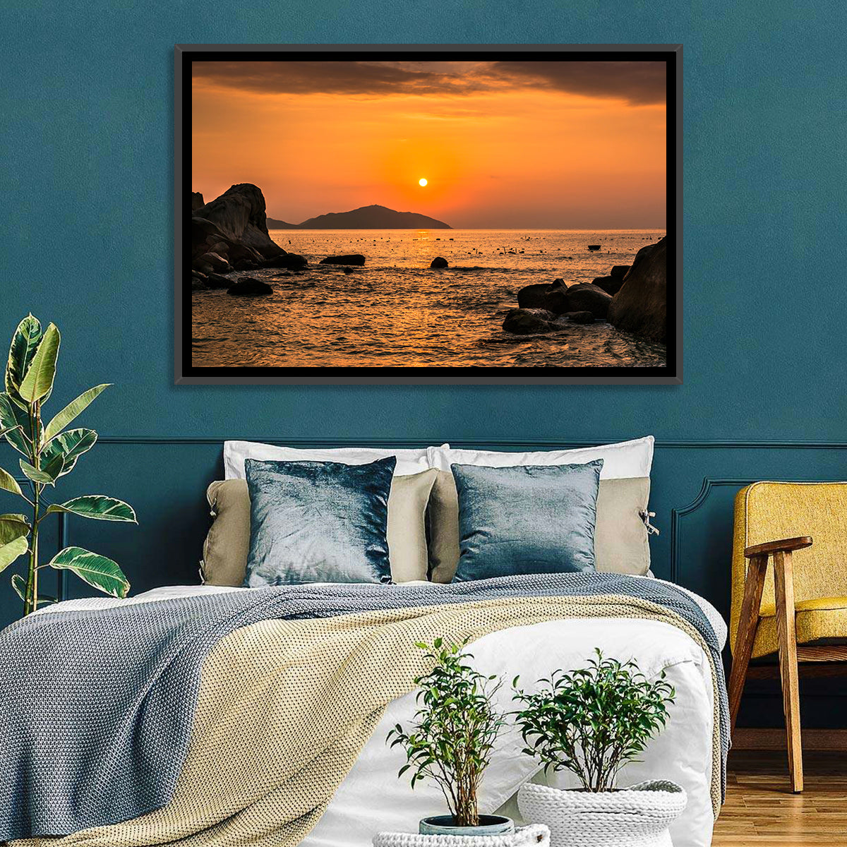 Orange Sunrise Over Rocky Coast Wall Art in a room, landscape