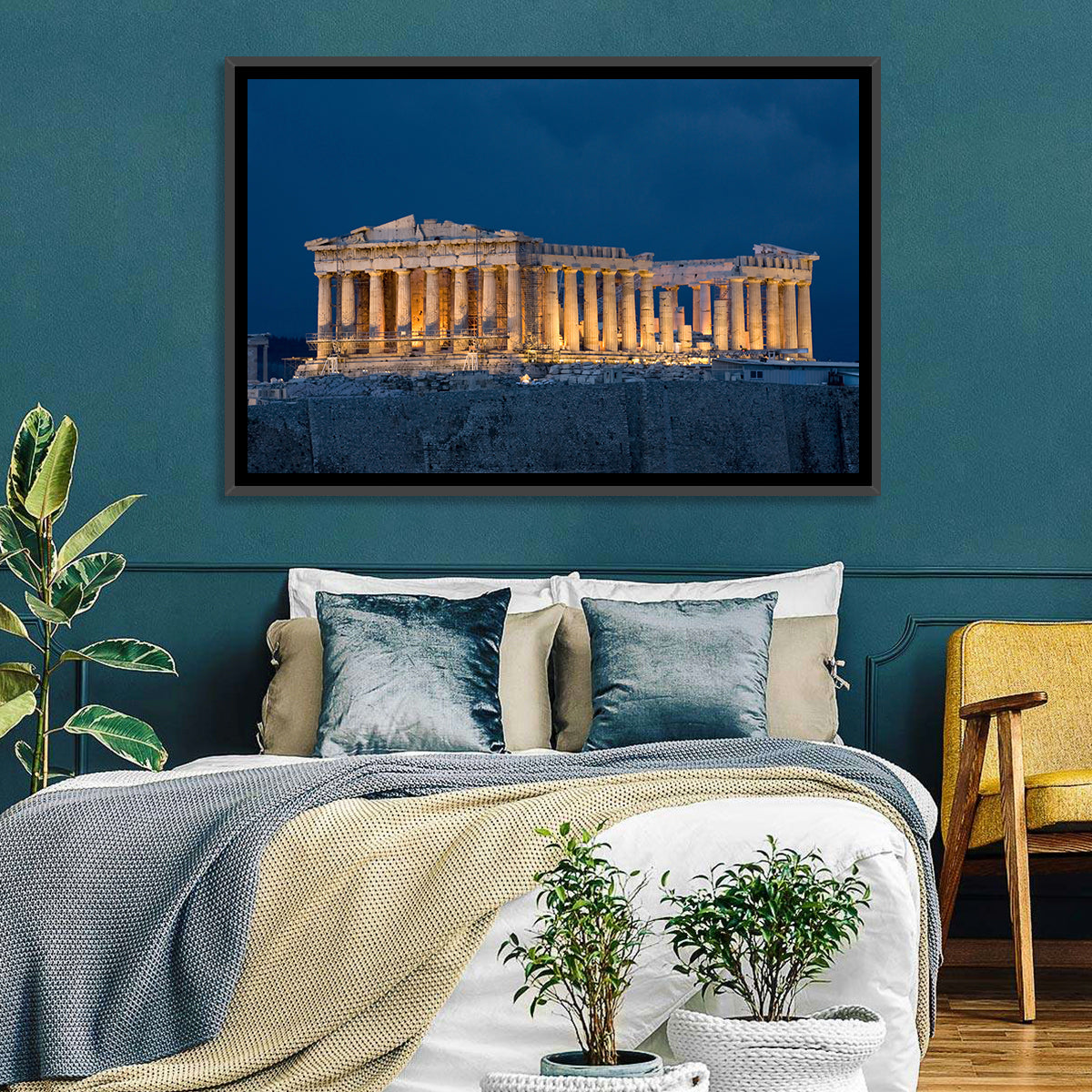 Illuminated Parthenon at Night Wall Art in a room, landscape