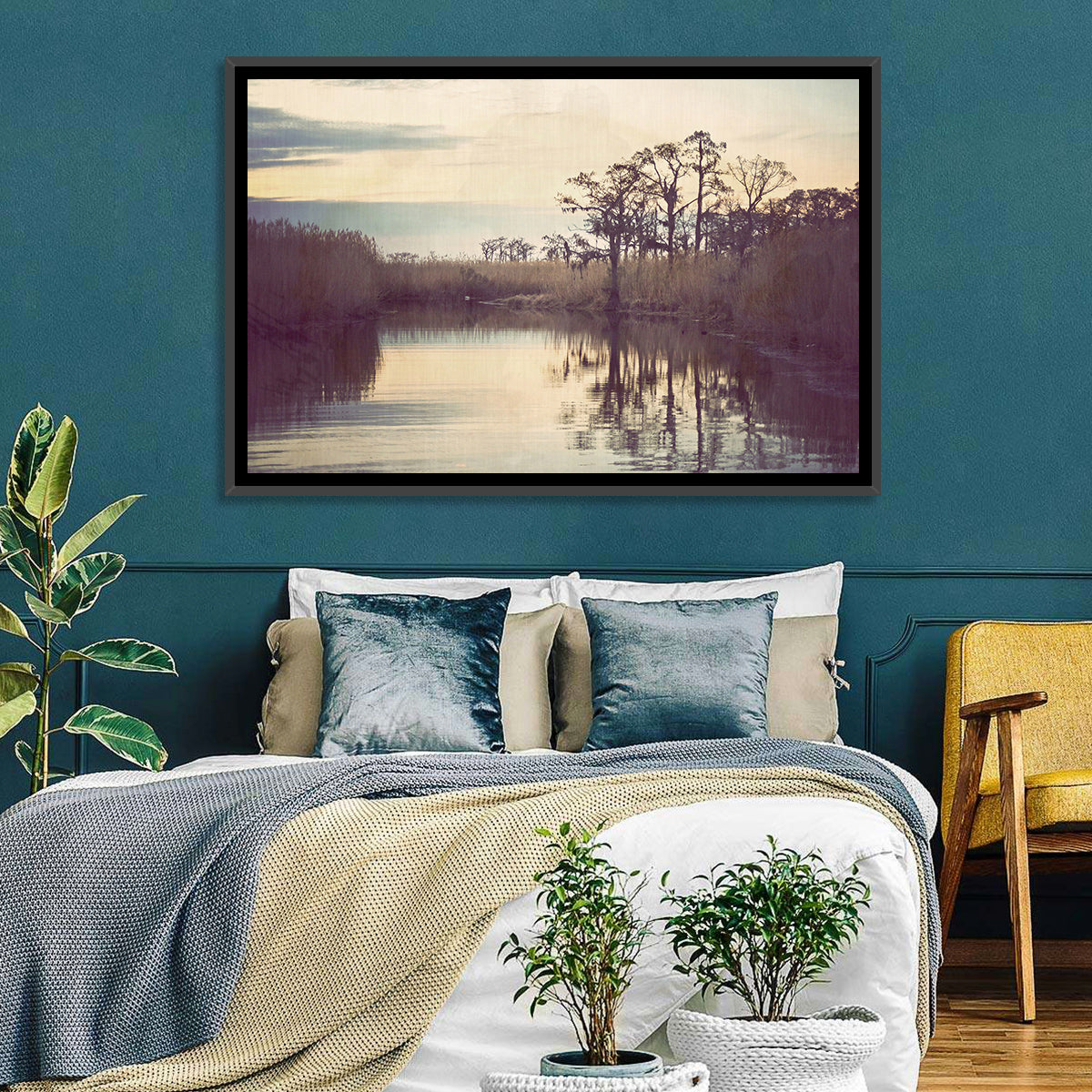Louisiana Cypress Swamp at Dusk Wall Art in a room, landscape
