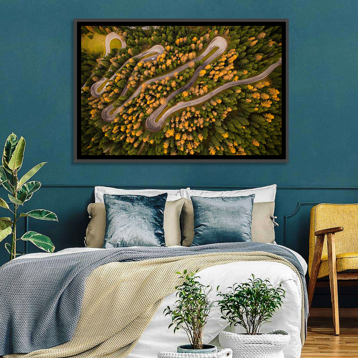 Aerial Curvy Forest Road Wall Art in a room, landscape