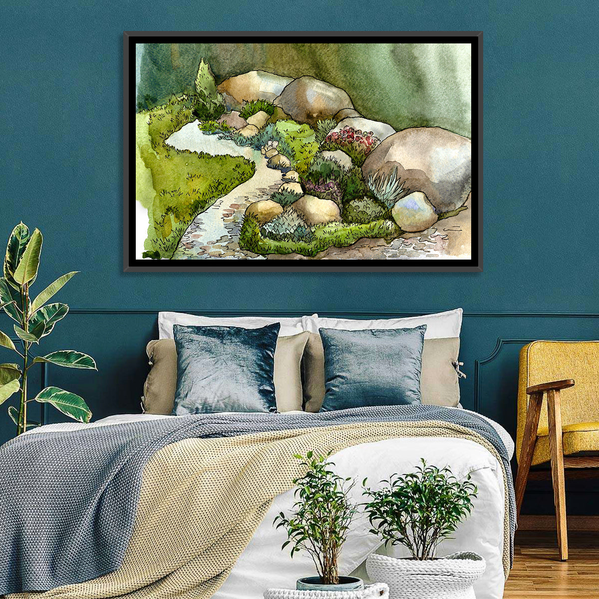 Watercolor Rock Garden Stream Wall Art in a room, landscape