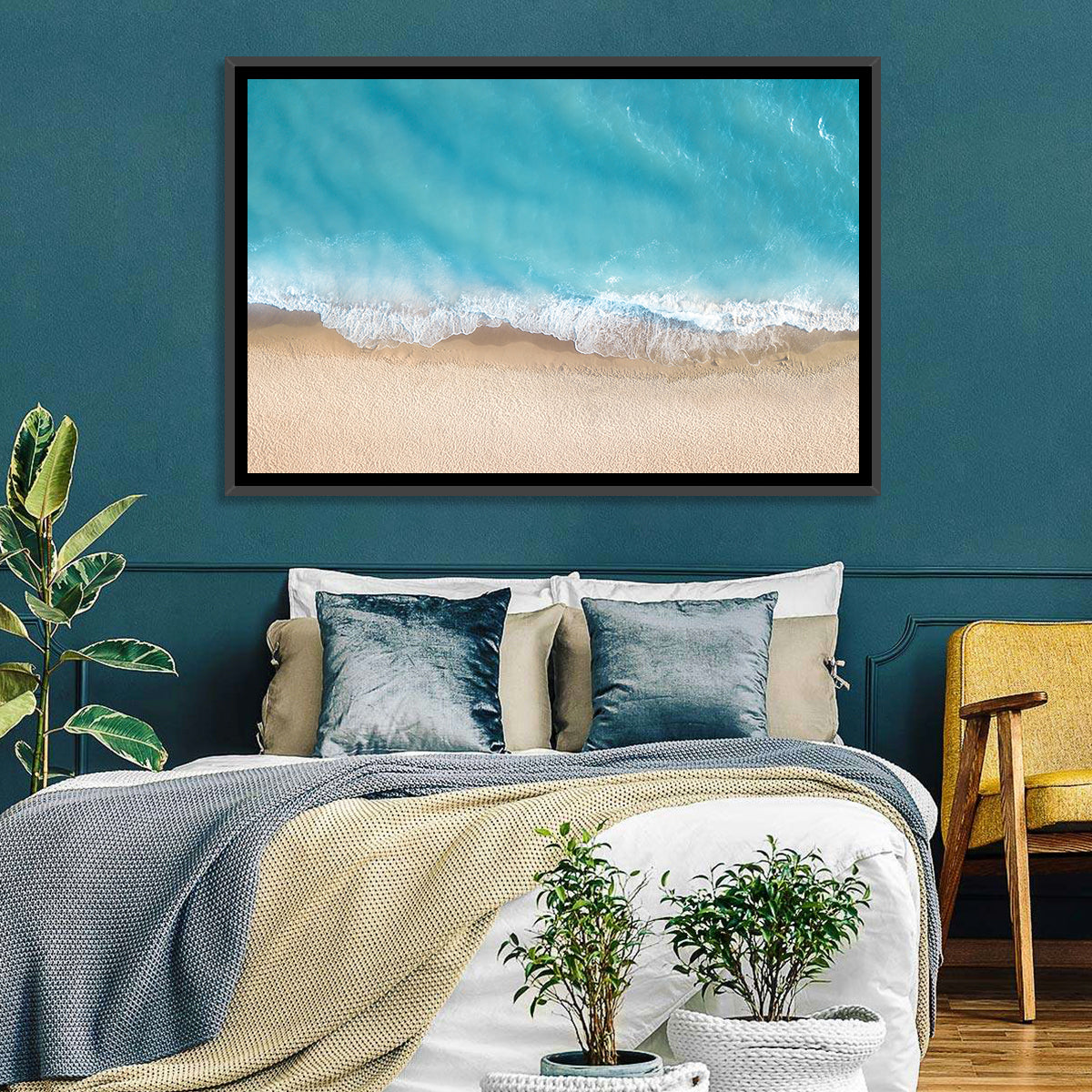 Top-down Turquoise Beachscape Wall Art in a room, landscape