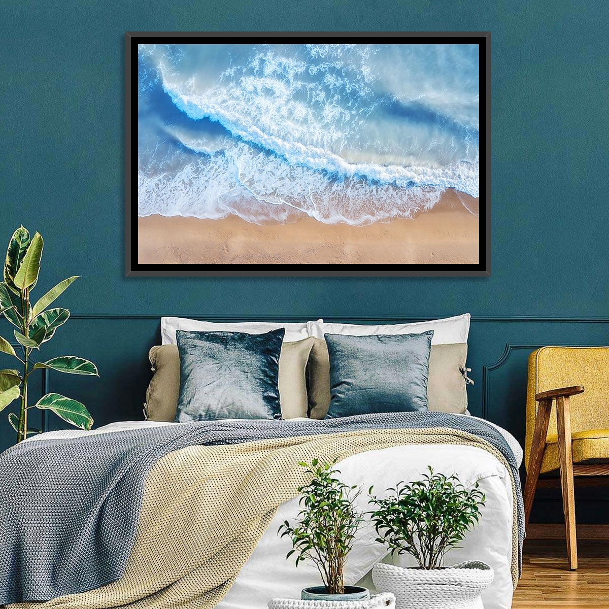 Aerial Turquoise Beach Waves Wall Art in a room, landscape
