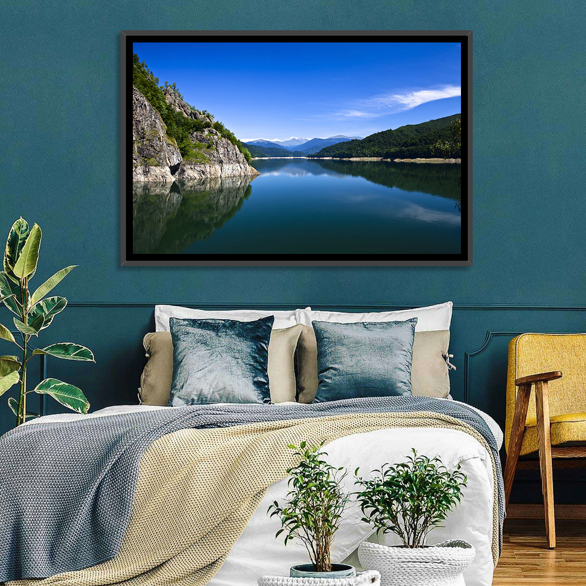 Calm Mountain Lake Reflection Wall Art in a room, landscape