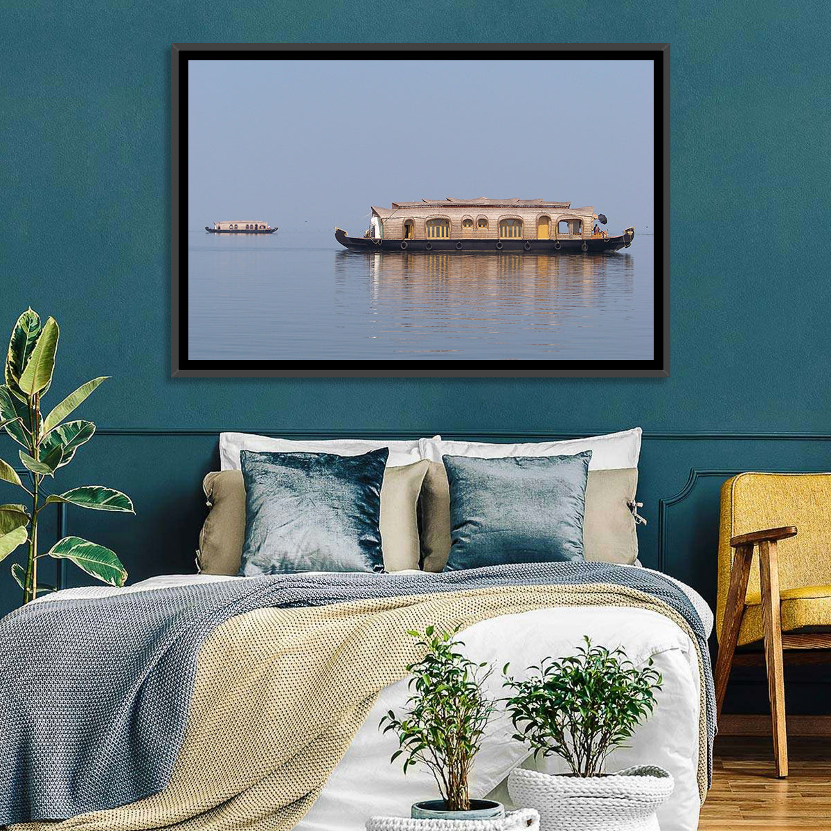 Thatched Houseboat on Vembanad Lake Wall Art in a room, landscape