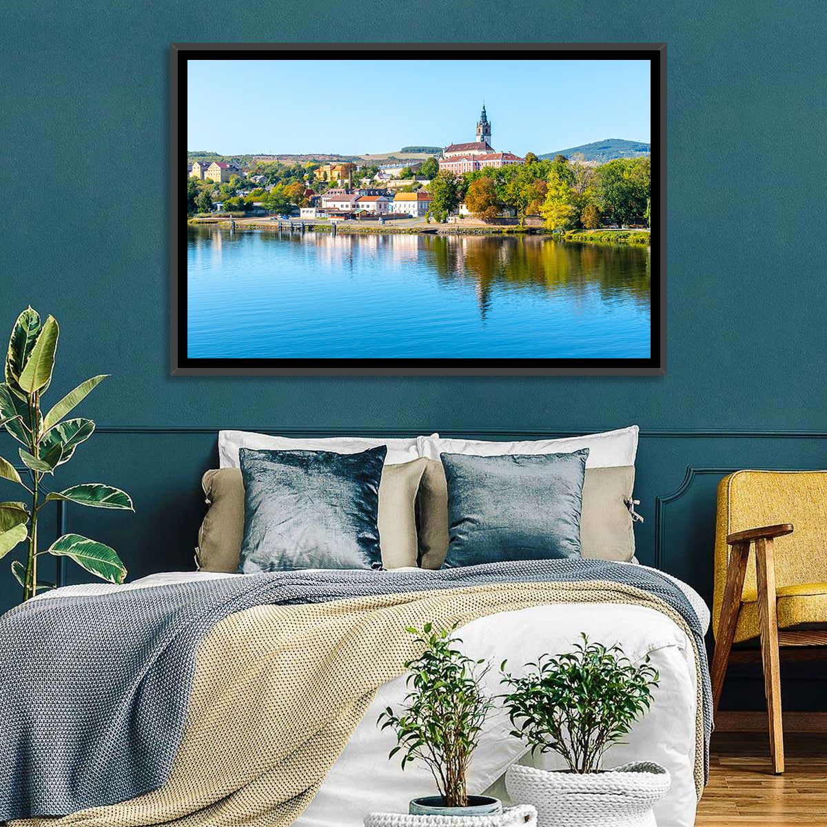 Roudnice Castle Riverbank Reflections Wall Art in a room, landscape