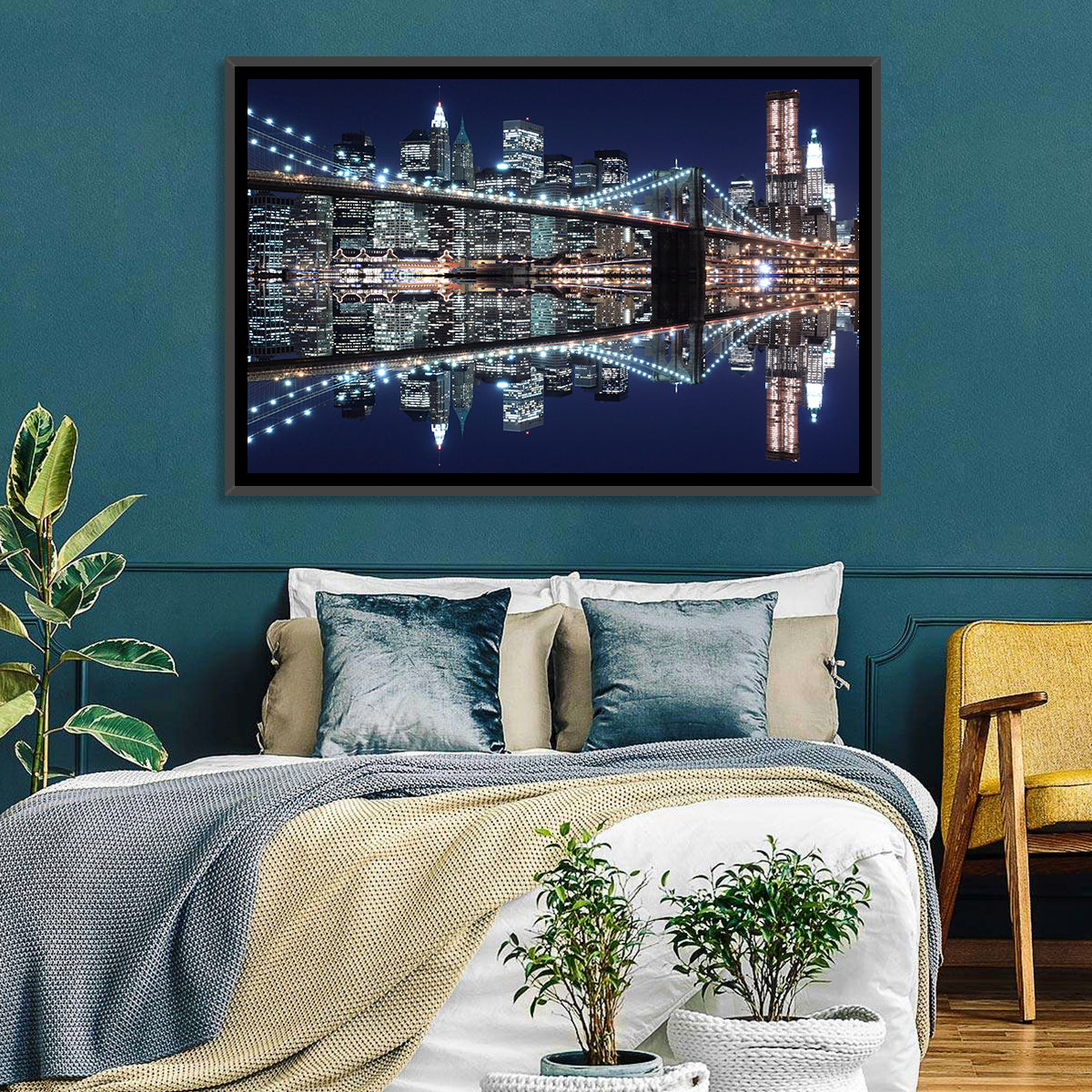 Brooklyn Bridge Symphony at Night Wall Art in a room, landscape